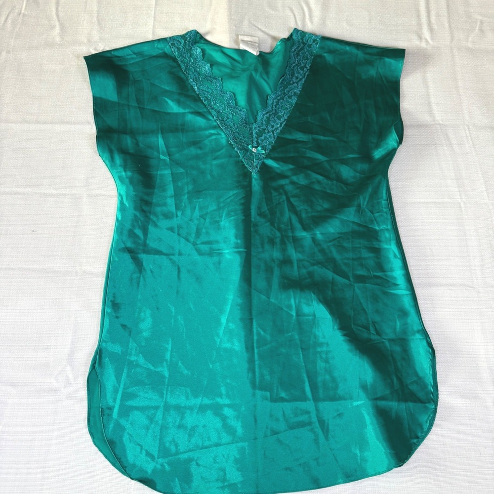 VTG Intimate Moods Emerald‎ Green Satin Lace V-Neck Nightgown Chemise Medium
